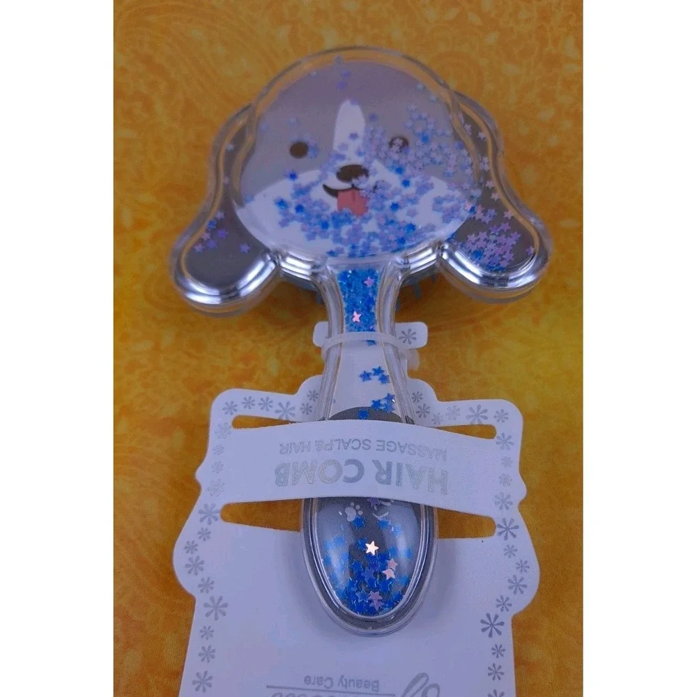 Glitter Dog Shaped Hair Brush Gray‎ Dog With Blue Glitter Massage Scalp